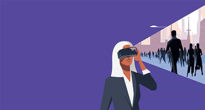 illustration of a person engaging with the metaverse through a virtual reality headset